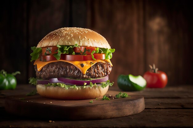 Hambúrguer caseiro saboroso na mesa de madeira rústica Copiar espaço Publicidade gerada por IA Lanche de fast-food