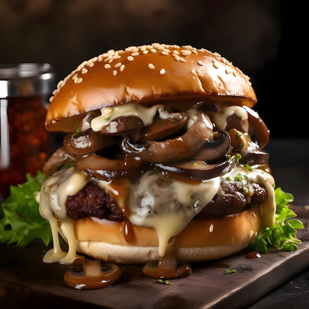 Hambúrguer cheeseburger hambúrguer de frango com alface queijo bacon picle molho de tomate cogumelos molho fluido fundo escuro borrado vista de perto