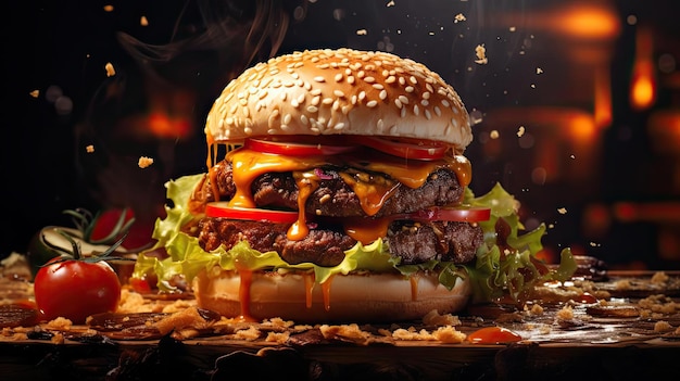 Hambúrguer cheio de carne e legumes e maionese derretida numa mesa de madeira e fundo desfocado