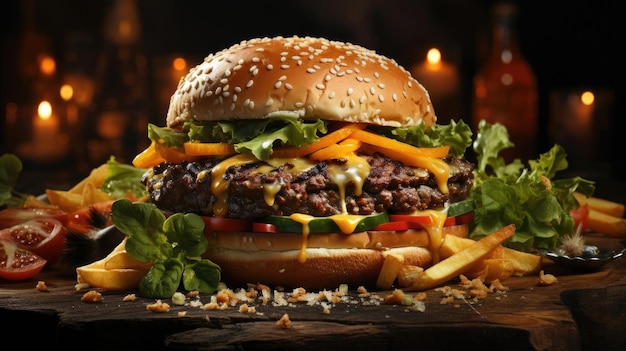 hambúrguer cheio de carne e legumes e maionese derretida numa mesa de madeira e fundo desfocado