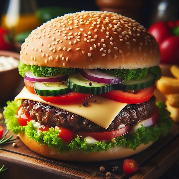 hambúrguer com alface, tomate, pepino e queijo