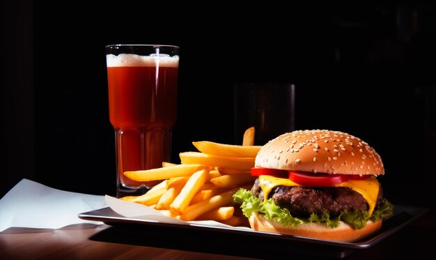 Hambúrguer com batatas fritas e bebida na mesa Um hambúrguer e patatas fritas num prato com uma bebida