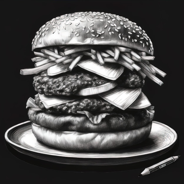 hambúrguer com batatas fritas e hambúrguer feito à mão na ilustração vetorial de quadro-negro