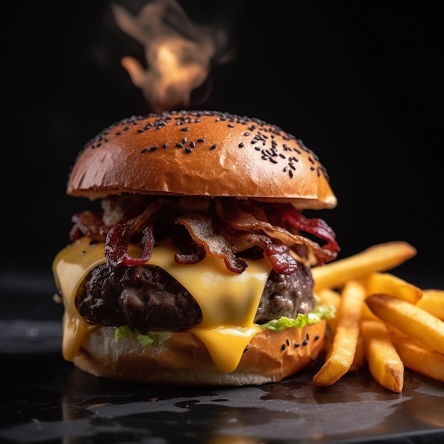 Hambúrguer com bife bacon queijo cheddar alface e um acompanhamento de batatas fritas crocantes tudo com um