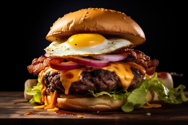 Hambúrguer com bife, queijo cheddar, alface, ovo de cebola vermelha e sabor fumado.