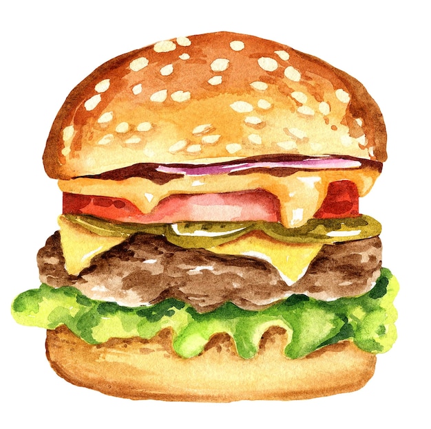 Hambúrguer com carne cebola tomates queijo aquarela ilustração desenhada à mão isolada