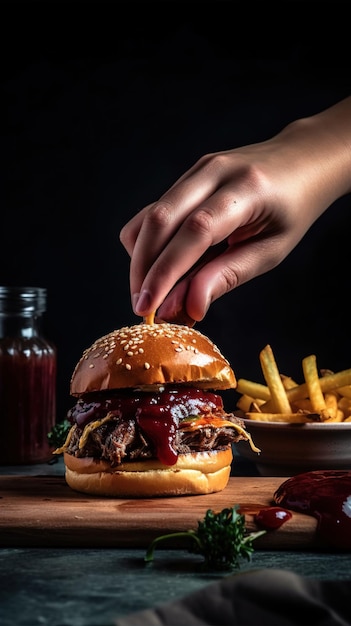 hambúrguer com carne e queijo na madeira e fundo preto isolado Generative AI