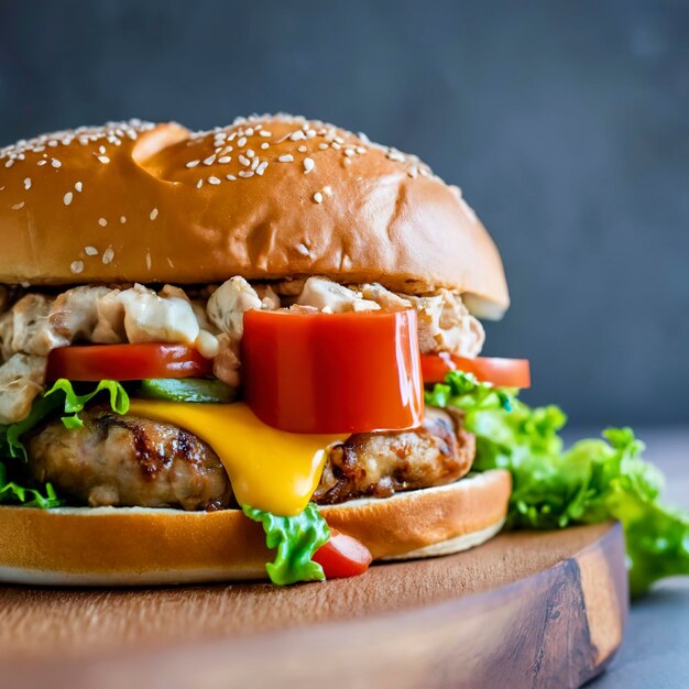 Hambúrguer com frango e legumes Hambúrguer com frango em fundo amarelo