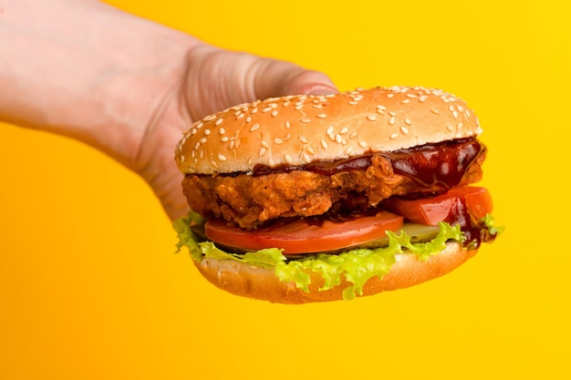 Hambúrguer com frango e legumes hambúrguer com frango em um fundo amarelo