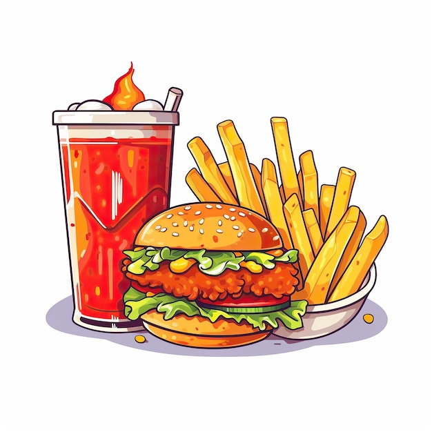 Hambúrguer com frango frito, batatas fritas e refrigerante, desenho animado, ícone vetorial, ilustração, ícone fast food