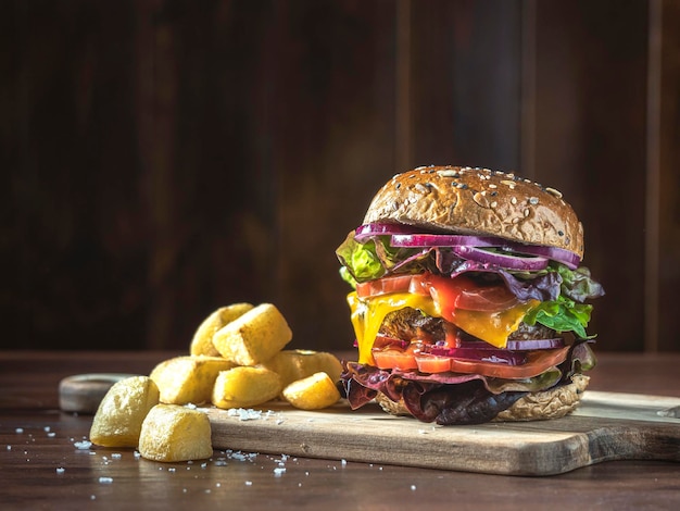 Hambúrguer com legumes e batatas fritas