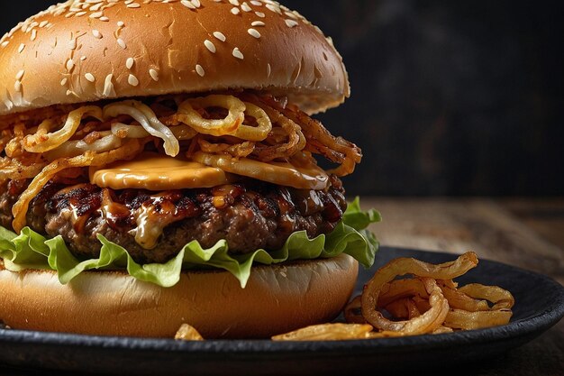 Foto hambúrguer com maionese chipotle e cebolas crocantes