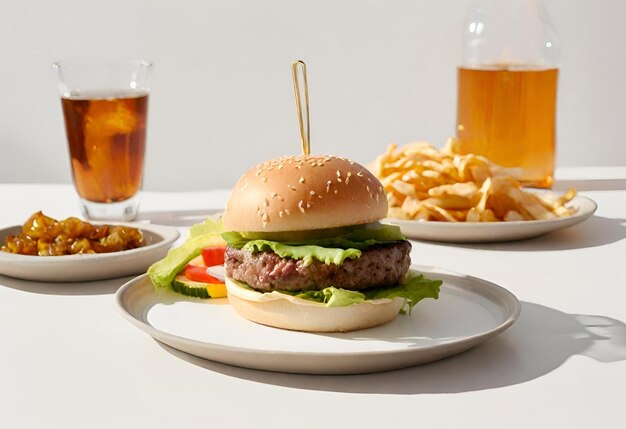 hambúrguer com queijo com batatas fritas e uma bebida