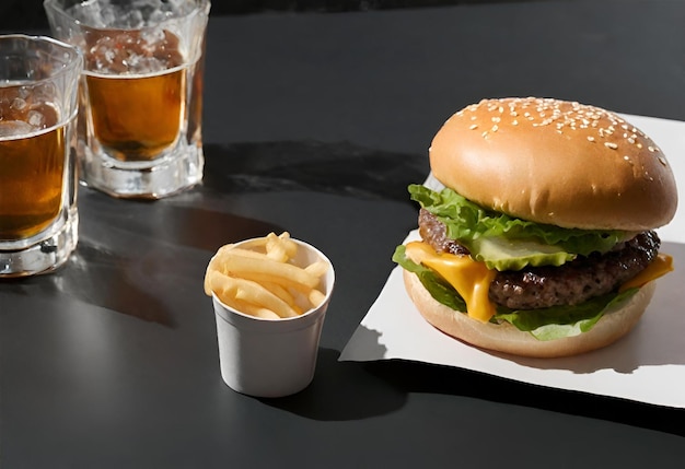 hambúrguer com queijo com batatas fritas e uma bebida