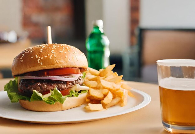 hambúrguer com queijo com batatas fritas e uma bebida