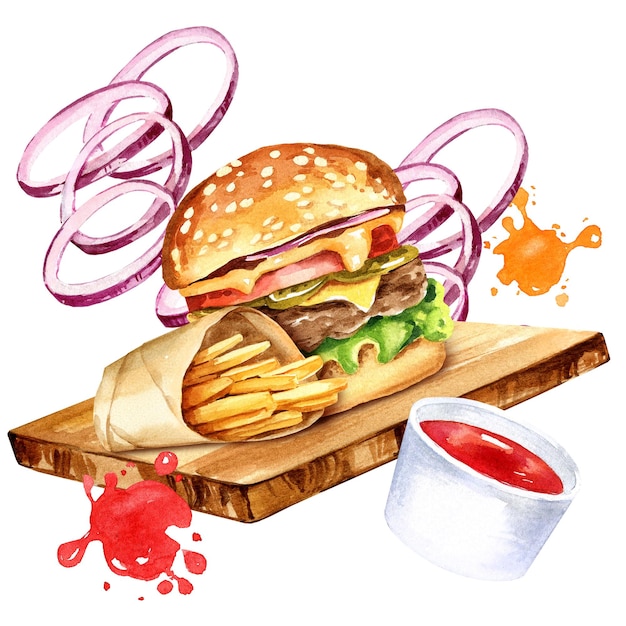 Hambúrguer de aquarela com fatias de carne de salada de cebola e tomate e batatas fritas em uma tábua de cortar