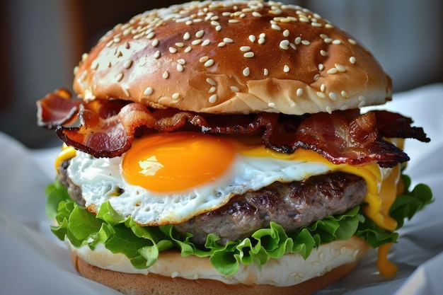 Hambúrguer de bacon com ovo frito, queijo e alface em pão torrado, delicioso fast food.