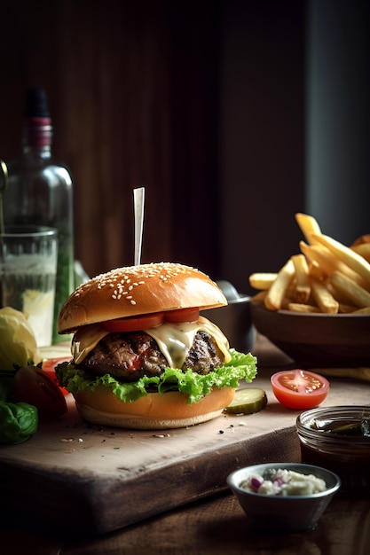 Hambúrguer de carne artesanal e batatas fritas em tábua de madeira em fundo preto Conteúdo generativo de IA