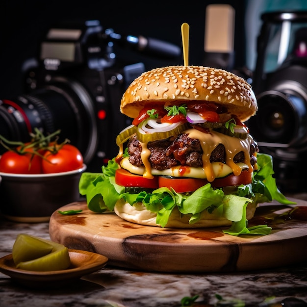 Foto hambúrguer de carne bovina recheado com legumes e aperitivos e servido com batatas fritas