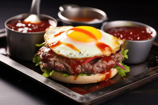 Hambúrguer de carne com bacon de ovo e molho de pimenta em uma bandeja de prata