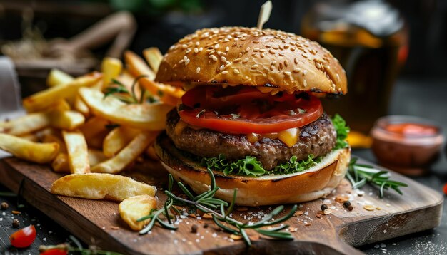 Hambúrguer de carne com batatas fritas