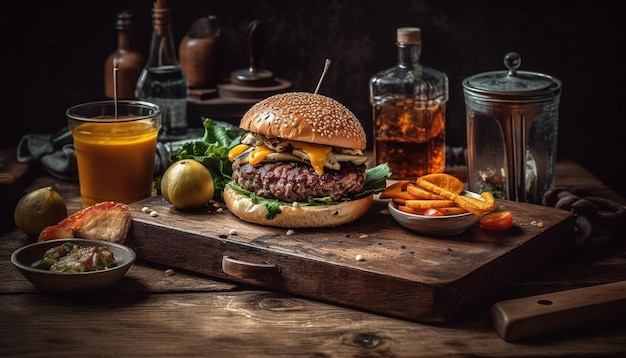 Hambúrguer de carne grelhada com queijo e batata frita gerada por IA