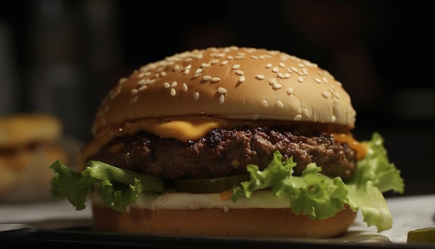 Hambúrguer de carne grelhada com queijo tomate cebola no pão de gergelim gerado por inteligência artificial