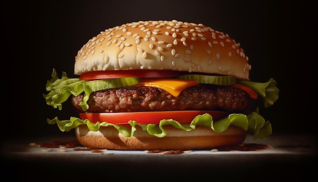 Hambúrguer de carne grelhada com queijo tomate cebola no pão de gergelim gerado por inteligência artificial