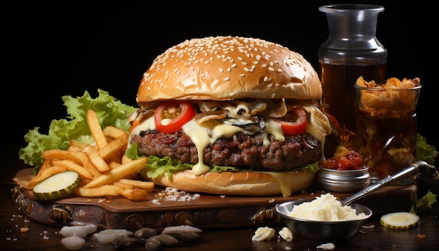 Hambúrguer de carne grelhada com tomate queijo e batata frita no pão gerado por inteligência artificial