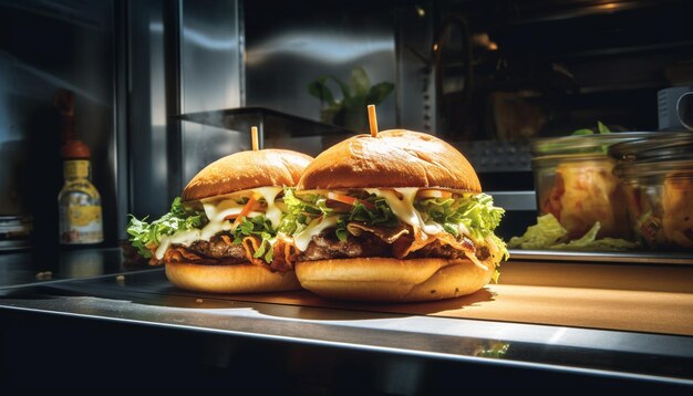 Hambúrguer de carne grelhada no pão ciabatta com legumes frescos e queijo gerado por inteligência artificial