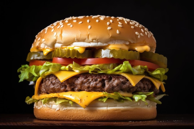 Hambúrguer de carne recheado com costeleta de carne e queijo em um estúdio fotográfico de fundo preto filmado com espaço de cópia