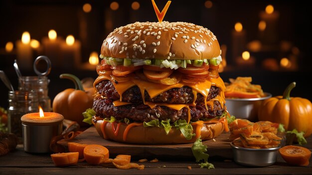 Hambúrguer de festa de Halloween em forma de abóbora assustadora na placa de madeira natural Conceito de comida de Halloween