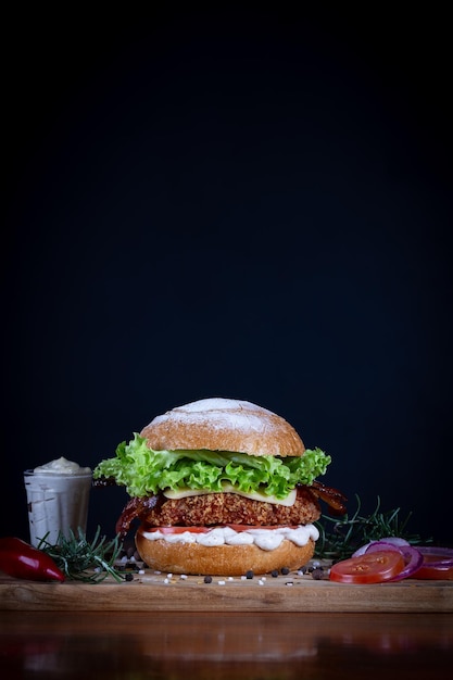 Foto hambúrguer de frango com bacon, alface, tomate, queijo cheddar e cebola servido em uma tábua de madeira preta. hambúrger de frango artesanal feito à mão