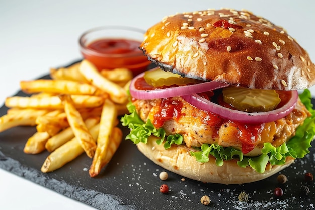 Foto hambúrguer de frango fresco ou chickenburger com cebolas molho de tomate pepinos em conserva