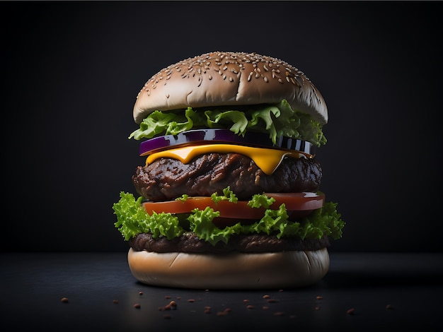 Hambúrguer de frente Burger de carne deliciosa com queijo e salada em fundo escuro IA generativa