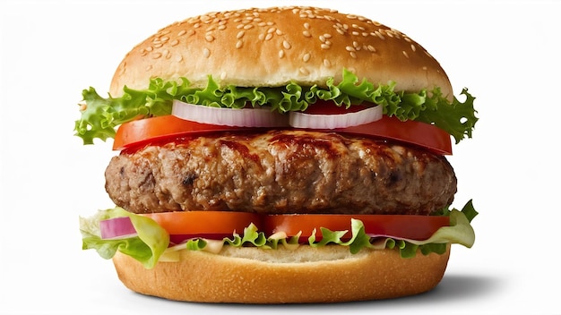 Hambúrguer de frente com vegetais e carne