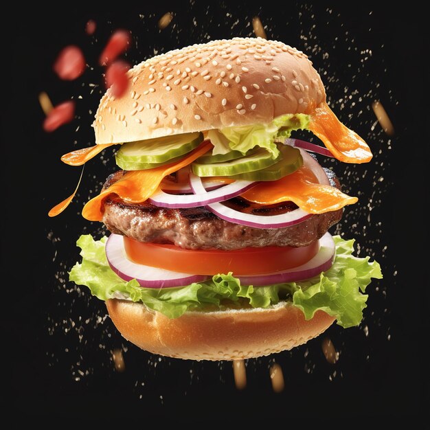 Hambúrguer de ingredientes voadores ou cheeseburger em uma tábua desmaiada isolada em um backgrod escuro