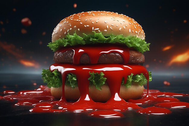 Foto hambúrguer de ketchup gostoso voador com pãezinhos de alface e tomate de carne e caindo contra alturas pretas