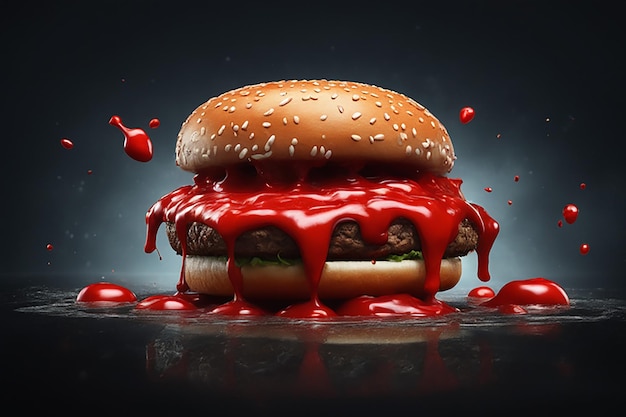 Foto hambúrguer de ketchup gostoso voador com pãezinhos de alface e tomate de carne e caindo contra alturas pretas