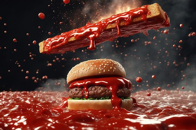 Foto hambúrguer de ketchup gostoso voador com pãezinhos de alface e tomate de carne e caindo contra alturas pretas