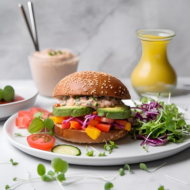 Hambúrguer de lentilhas veganas com legumes em fundo cinza claro gerado por IA