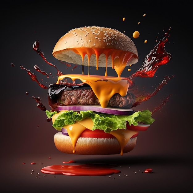 Hambúrguer de presunto caindo com ingredientes flutuantes, hambúrguer realista de design 3d em abstrato.