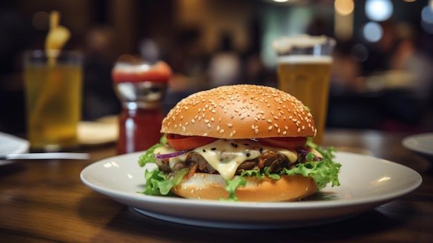 Hambúrguer de queijo Hambúrguer de queijo americano com batatas fritas douradas na mesa de madeira Generative Ai