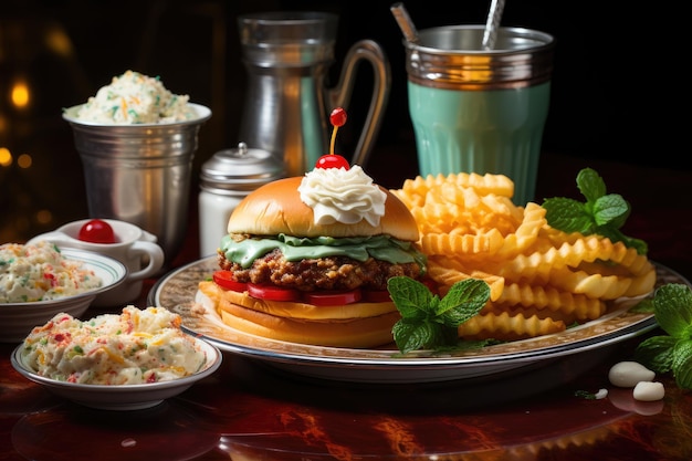 Hambúrguer de sucesso, batatas crocantes e milkshake cremoso no Diner Retro generative IA