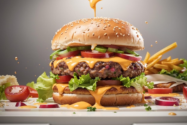hambúrguer delicioso com muitos ingredientes isolados em fundo branco saboroso molho de cheeseburger