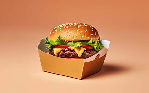 Hambúrguer delicioso dentro da caixa take away em fundo isolado Generative AI