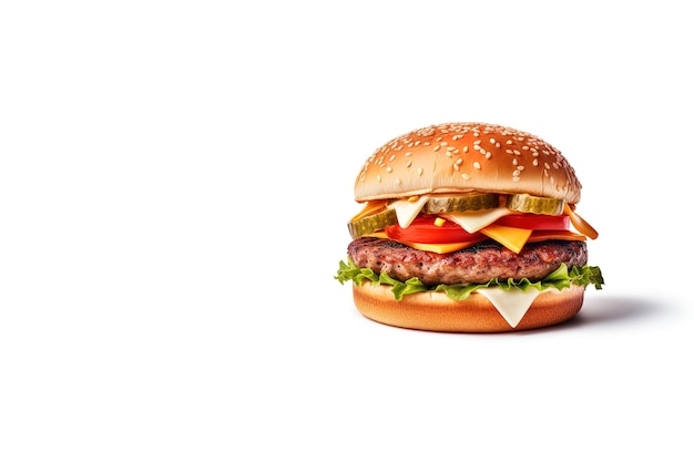 Hambúrguer delicioso e saboroso isolado em fast-food de fundo branco com espaço de cópia
