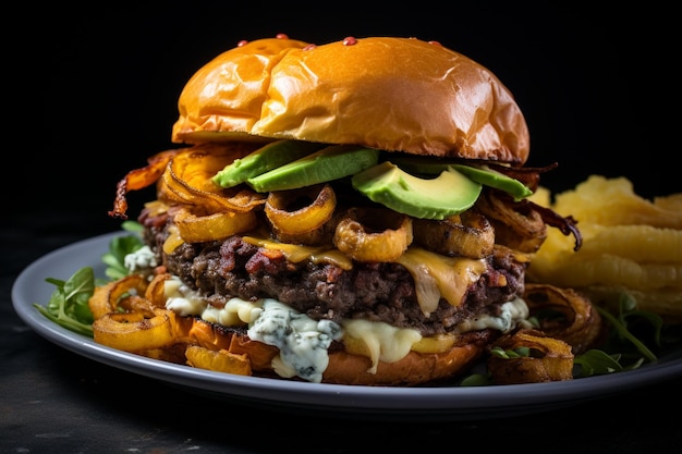 Hambúrguer duplo com anéis de abacate, cebola, nachos e batatas rústicas.