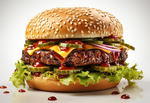 Hambúrguer duplo isolado em fundo branco Hambúrguer fresco fast food com carne e queijo creme real