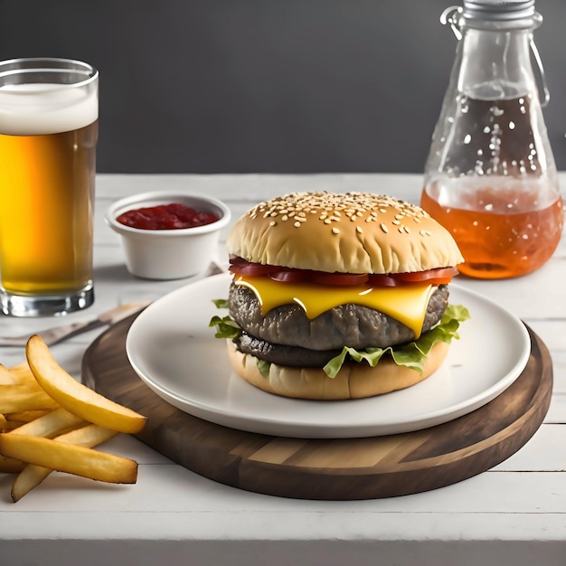 Hambúrguer e batatas fritas com um copo de cerveja